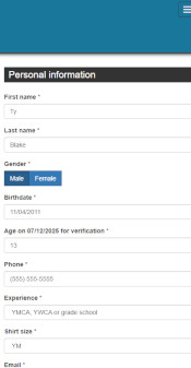 Mobile registration interface screenshot